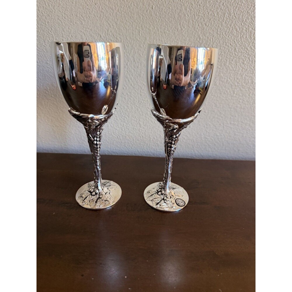 Godinger Silver Tone Wine Goblets Grape Vine Motif On Stems Set Of 2